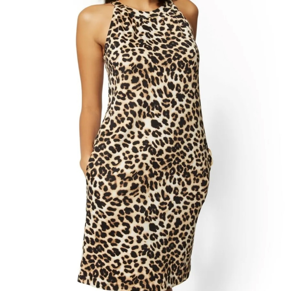 NY&Co Black Leopard Print Cotton Halter Shift Dress Size XS